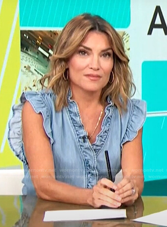 Kit's blue ruffle v-neck chambray top on Access Hollywood