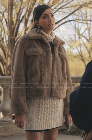 Luna's camel fur jacket and white cable knit sweater dress on Gossip Girl