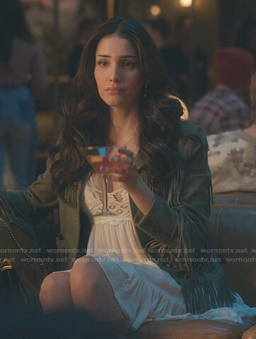 Luna's white dress and khaki fringed jacket on Gossip Girl