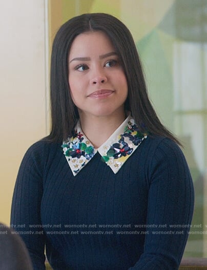 Mariana's navy ribbed sweater with embellished collar on Good Trouble