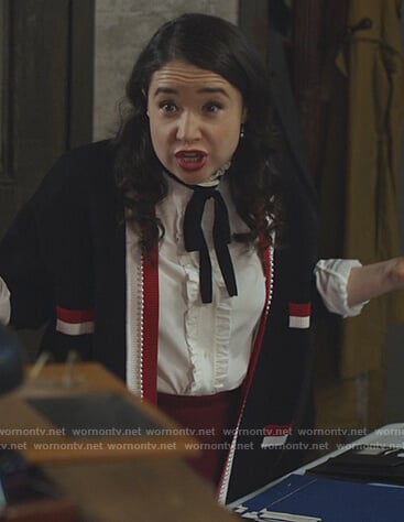 Marissa's black contrast pearl trim cardigan on The Good Fight