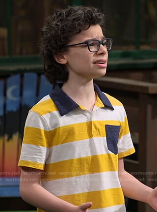 Matteo's white and yellow striped polo shirt on Bunkd