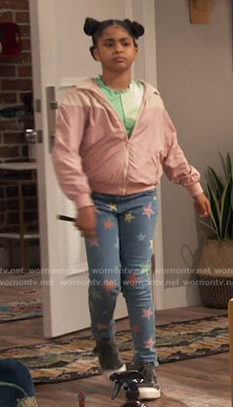 Millicent's pink windbreaker jacket and star print jeans on iCarly