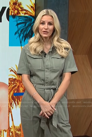 Morgan's green tie waist jumpsuit on E! News Daily Pop