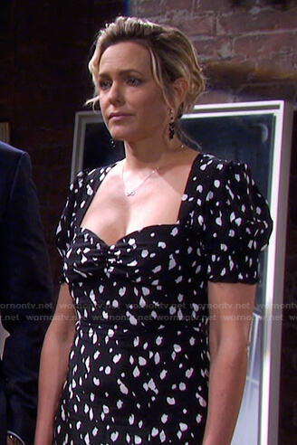 Nicole's black printed sweetheart dress on Days of our Lives