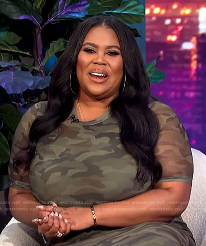 Nina's green camo mesh dress on E! News Nightly Pop