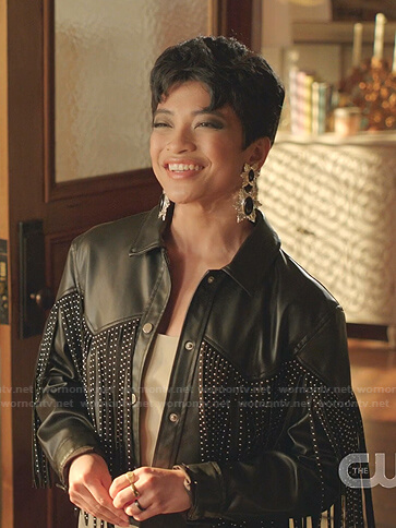 Rachel's black fringed leather jacket on Dynasty