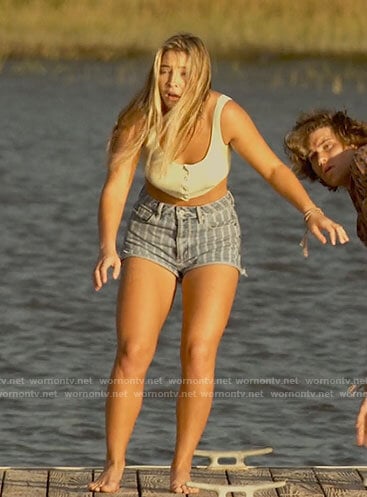 Sarah's light green crop top and striped shorts on Outer Banks