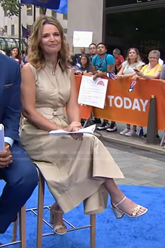 Savannah's beige sleeveless dress and white sandals on Today