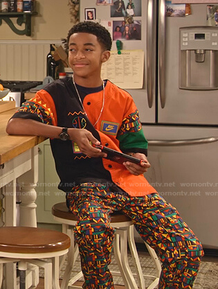 Shaka’s abstract print shirt and pants on Family Reunion