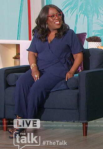 Sheryl's navy wrap top and pants on The Talk