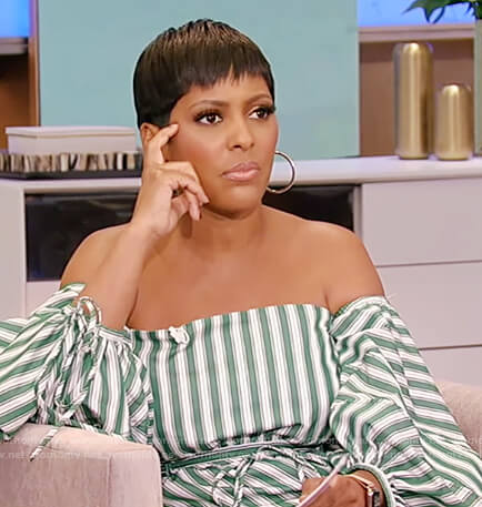 Tamron's striped off shoulder dress on Tamron Hall Show
