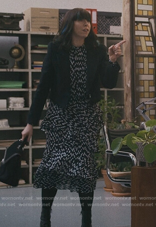 Lily's black teardrop print ruffle dress on Modern Love