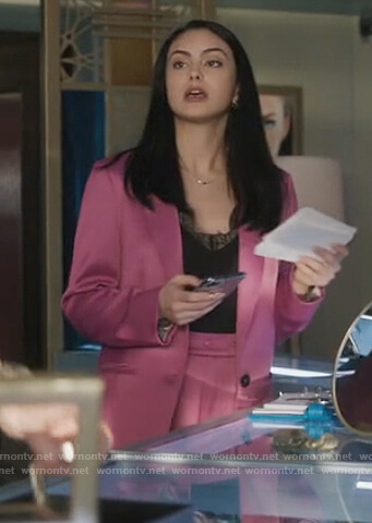 Veronica's pink satin blazer and pants on Riverdale