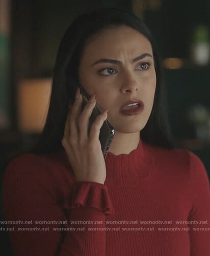 Veronica's red ribbed mock neck sweater on Riverdale