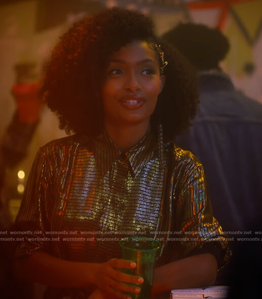 Zoey's gold metallic stripe blouse on Grown-ish