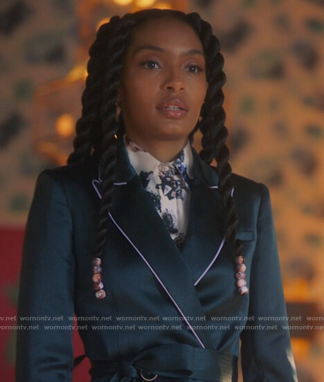 Zoey's green piping belted blazer and pants on Grown-ish