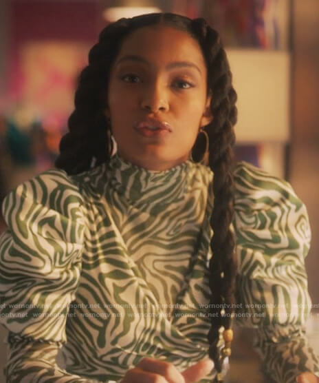 Zoey's green zebra stripe dress and top on Grown-ish