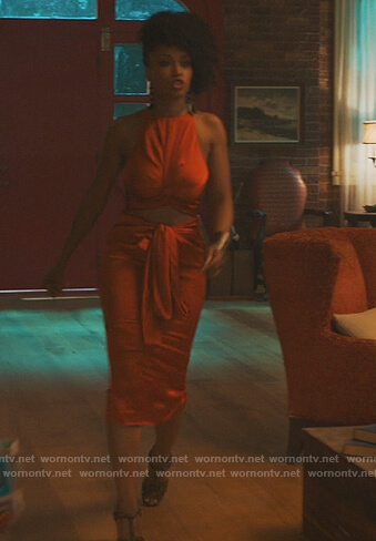 Angela's orange twisted cutout dress on Our Kind of People