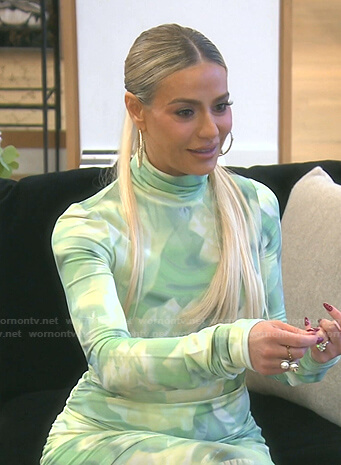 Dorit's green floral turleneck dress and pants on The Real Housewives of Beverly Hills