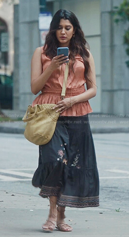 Leela's orange tie neck peplum top and embroidered skirt on The Resident