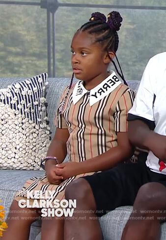 Maven's Burberry logo stripe dress on The Kelly Clarkson Show