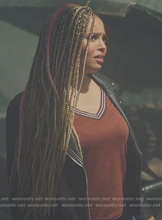 Toni's brown stripe trim tee on Riverdale