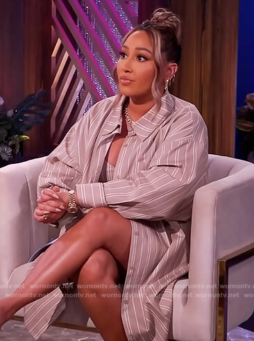 Adrienne's beige stripe oversized shirt and shorts on The Real