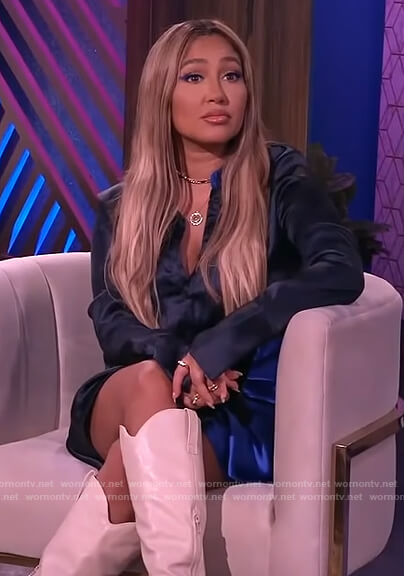 Adrienne's blue satin tie front mini dress on The Real