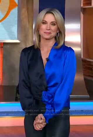 Amy's blue colorblock twisted blouse on Good Morning America