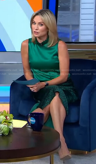 Amy's green ruffle neck top and leopard print skirt on Good Morning America