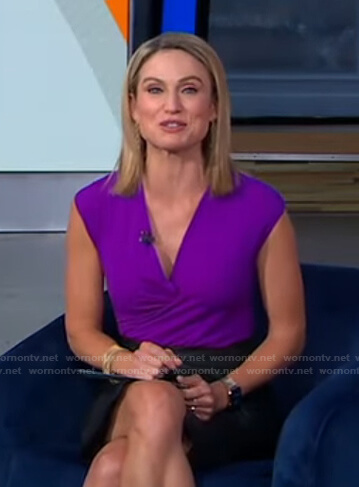 Amy's purple wrap short sleeve top on Good Morning America