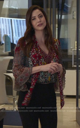 Andrea's mixed print tie neck blouse on Supergirl