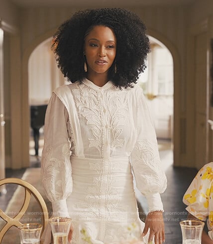 Angela's white embroidered dress on Our Kind of People