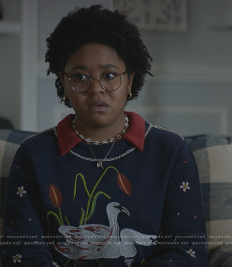 Beth's blue embroidered swan sweater on Stargirl