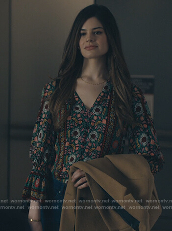 Chelz green floral v-neck blouse on Billions