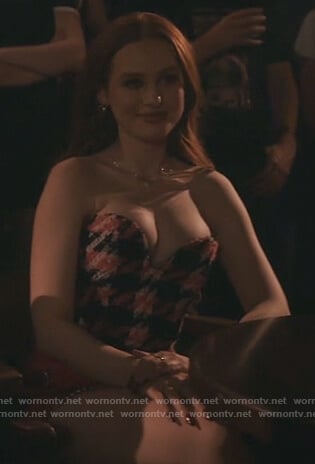 Cheryl's pink houndstooth bustier top and embellished skirt on Riverdale