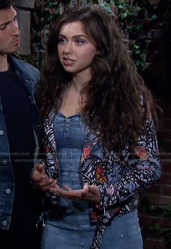 Ciara's denim mini dress and butterfly print moto jacket on Days of our Lives