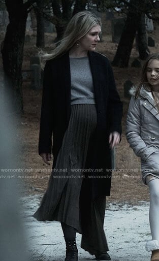 Doris's pleated midi dress with grey sweater on American Horror Story
