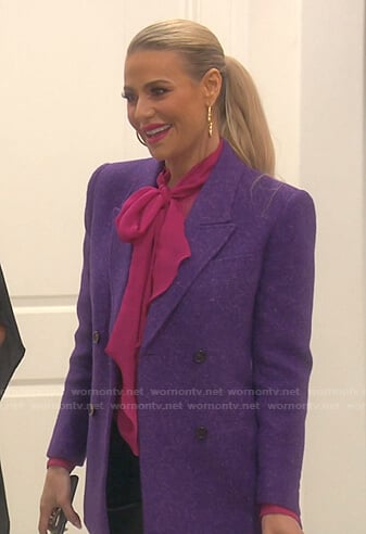 Dorit's pink tie neck blouse and purple blazer on The Real Housewives of Beverly Hills