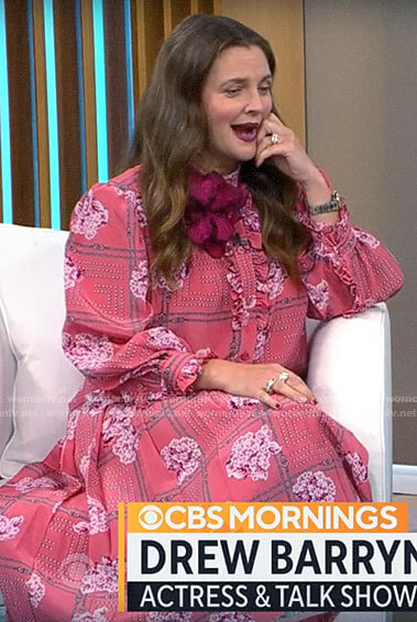 Drew Barrymore's pink printed blouse and skirt set on CBS Mornings