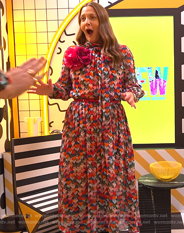 Drew's heart print midi dress on The Drew Barrymore Show