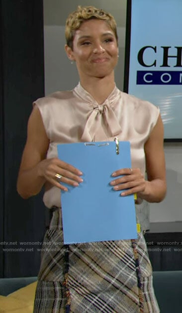 Elena's pink tie neck blouse and plaid skirt on Dynasty