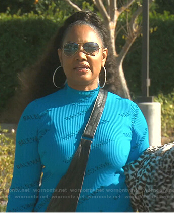 Garcelle's blue logo print ribbed dress on The Real Housewives of Beverly Hills