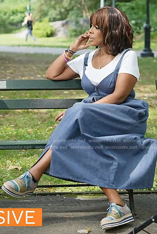 Gayle King's denim zip front midi dress on CBS Mornings
