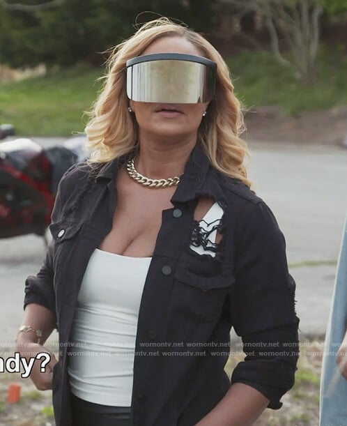 Gizelle's black distressed jacket on The Real Housewives of Potomac