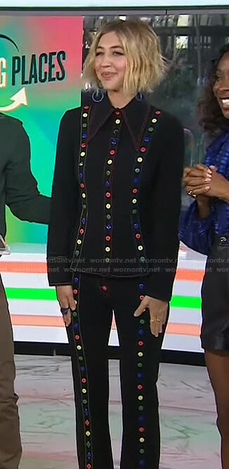 Heidi Gardner's black button-embellished shirt and pants on Today