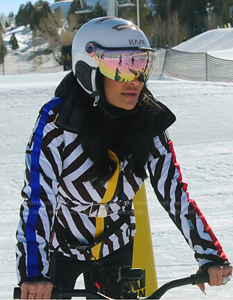 Jen's black and white striped skit jacket on The Real Housewives of Salt Lake City