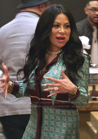 Jen's green and burgundy print shirtdress on The Real Housewives of Salt Lake City
