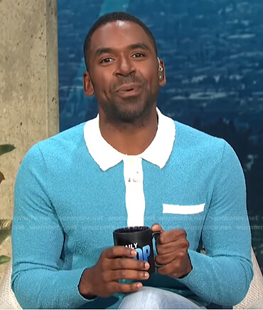 Justin's blue and white long sleeve polo shirt on E! News Daily Pop